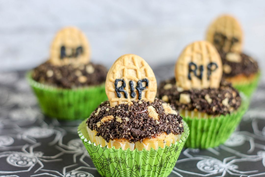 tombstone cupcakes made with peanut butter cookies