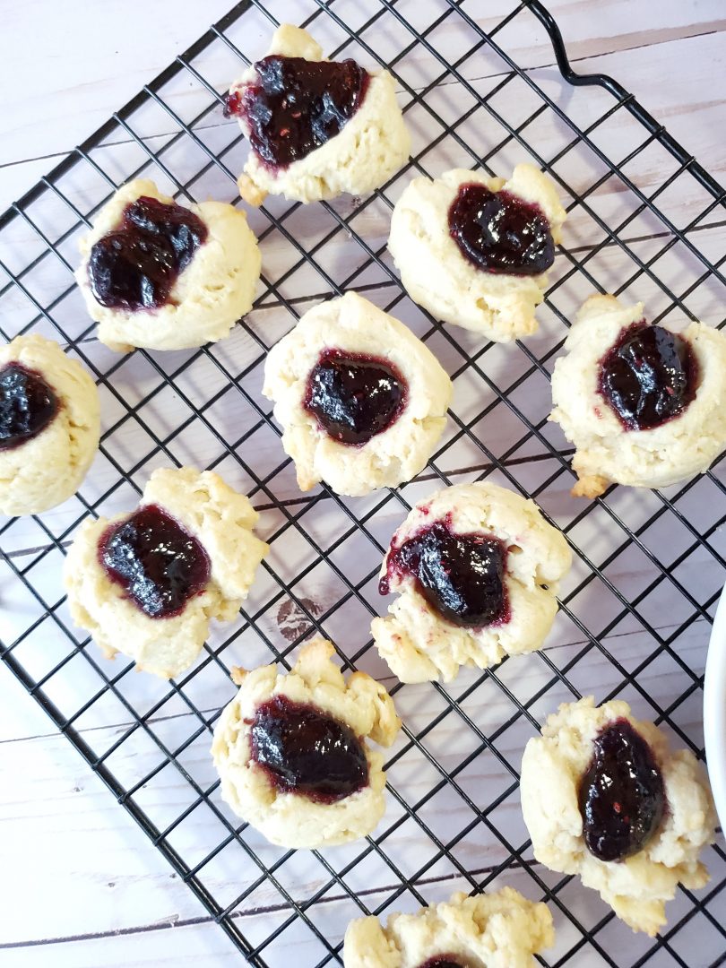 marionberry thumbprint cookies on wire rack