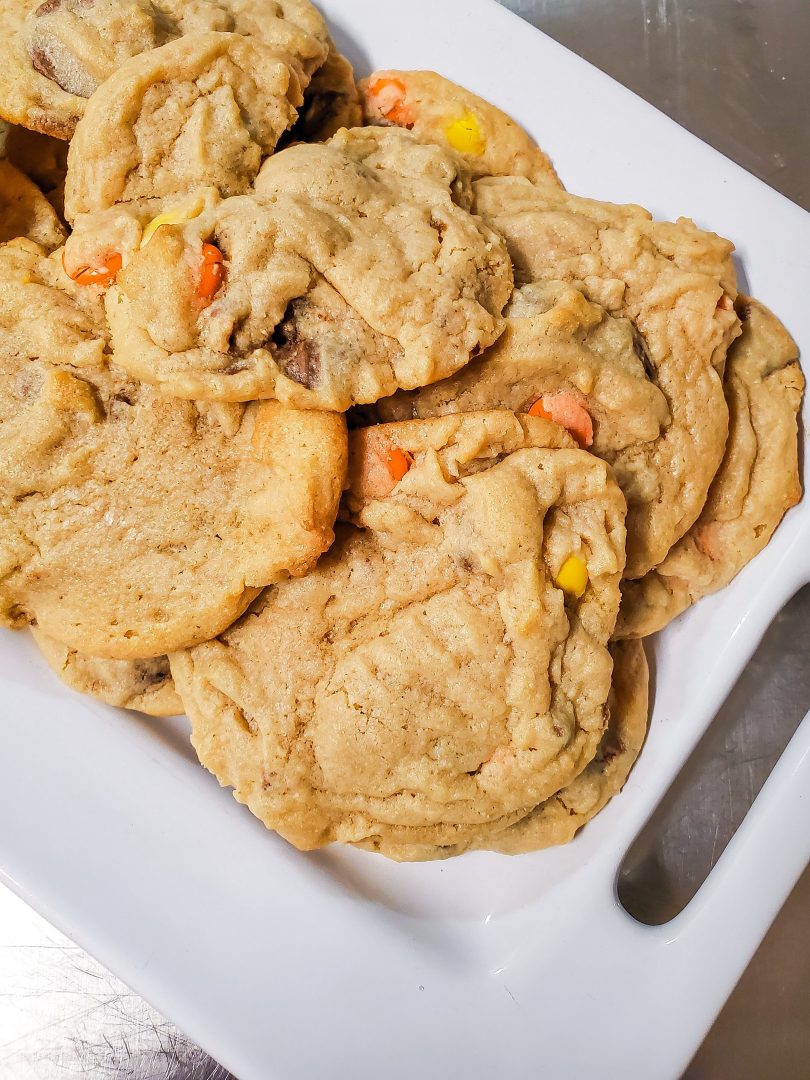 reeses peanut butter cookies on white serving platter