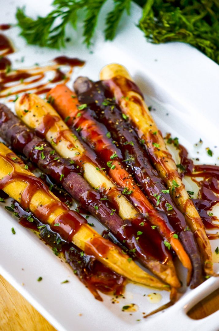 honey glazed carrots on white platter