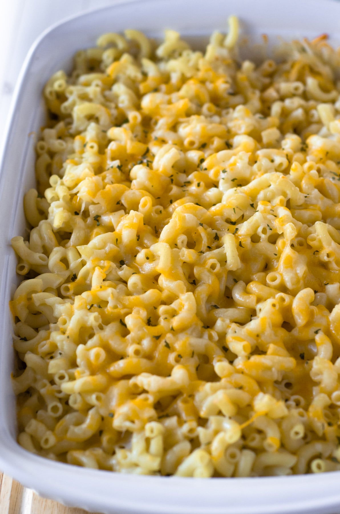 mac and cheese in white casserole dish